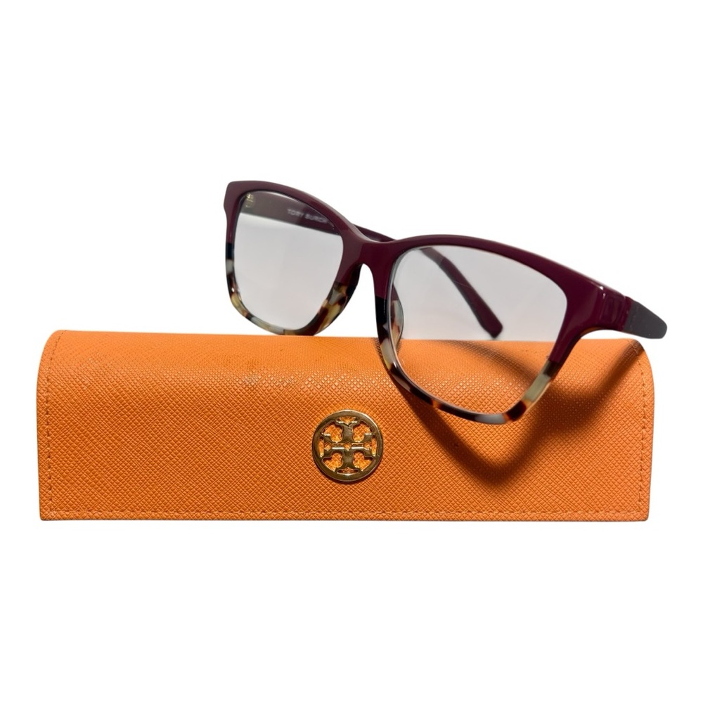 TORY BURCH Burgundy and Tortoise Eyeglasses with Orange Case